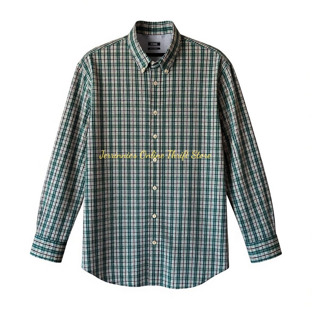 Izod Men's Green and White Checkered Button Down Shirt